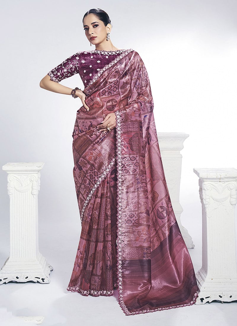 Pink Satin Silk Embroidery With Stone Saree Festive Wear