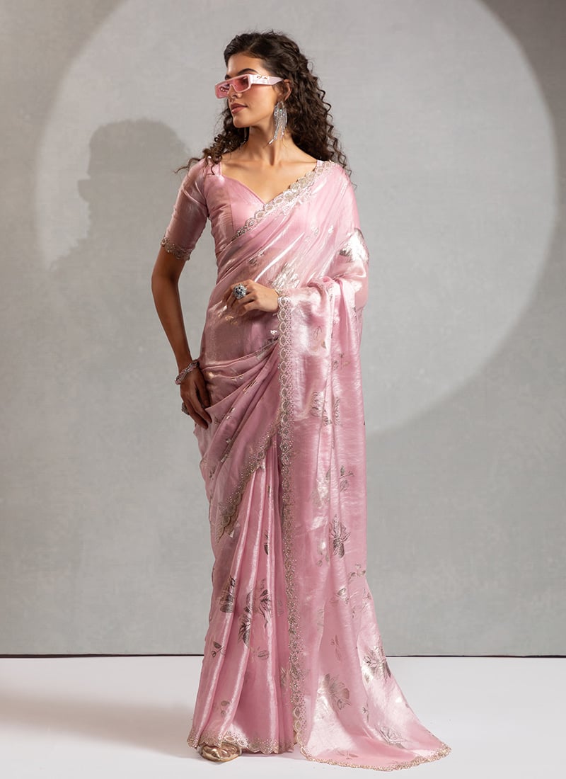 Pink Satin Silk Foil Print With Stone Work Saree Festive Wear-SASMS1047B