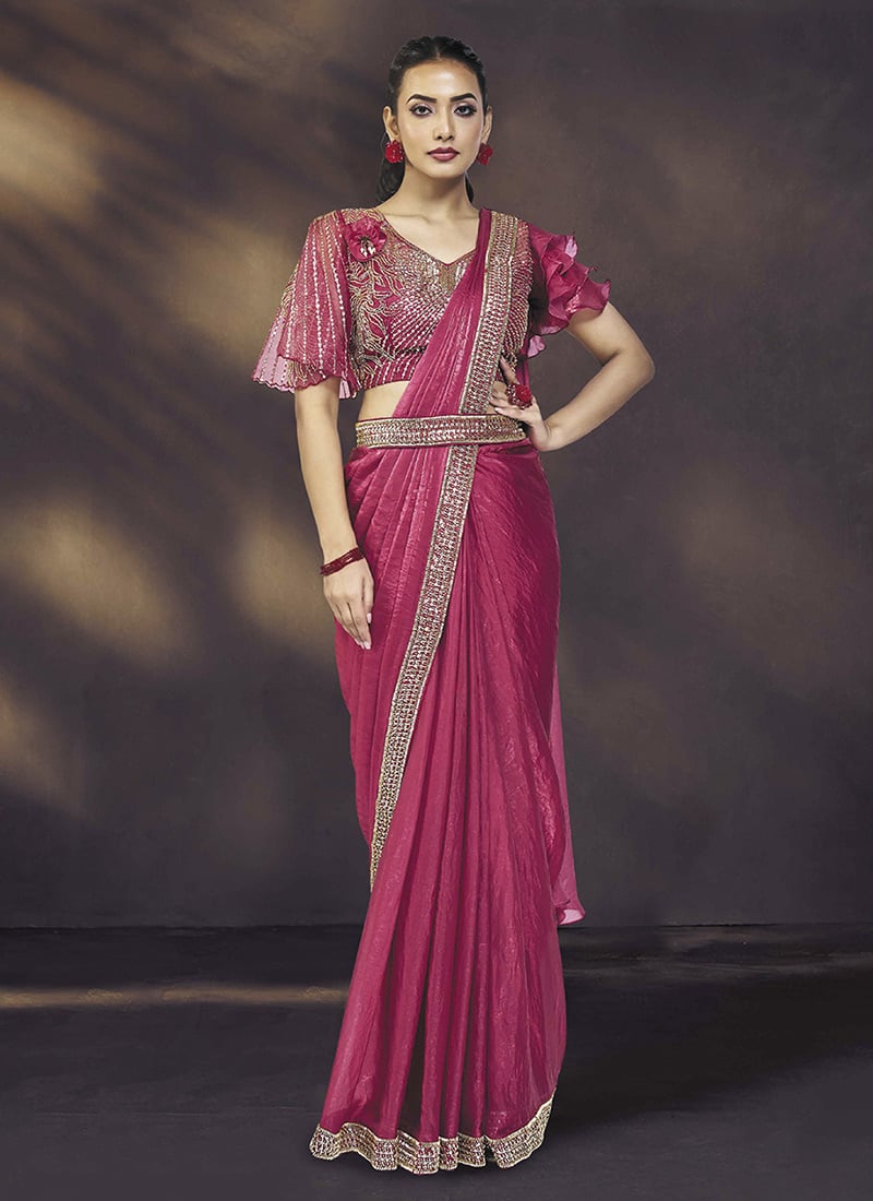 Pink Satin Silk Hand Embroidered Pre Draped Saree Wedding Wear