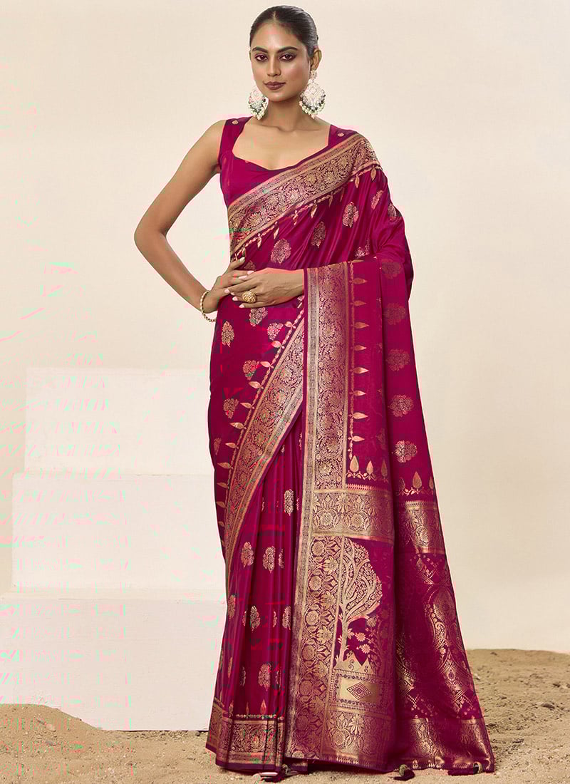 Pink Satin Silk Jacquard Woven Saree