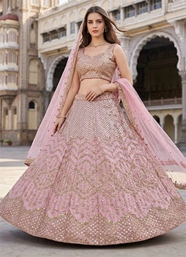 Pink Satin Silk Zari Embroidered Sequins Lehenga