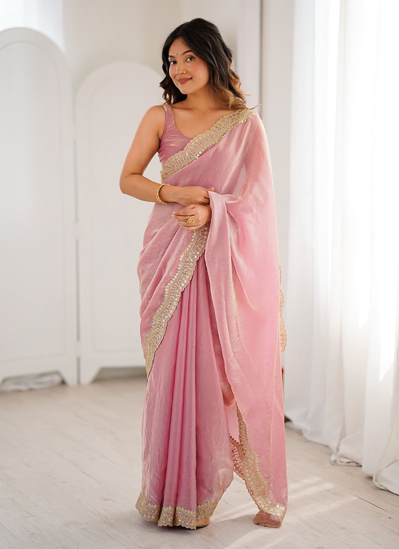 Pink Satin Silk Zari Embroidered Sequins Saree After Six Wear