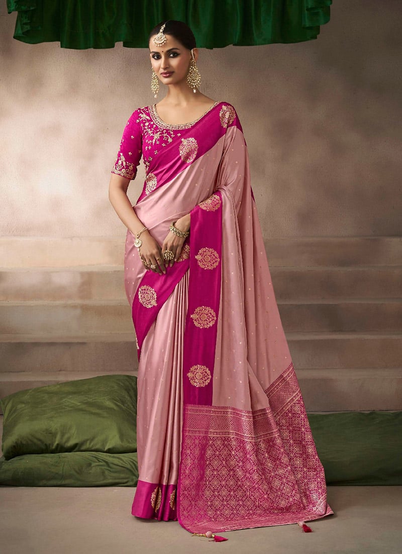 Pink Satin Silk Zari Embroidered Sequins Saree Festive Wear