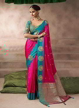 Pink Satin Silk Zari Embroidered Sequins Saree