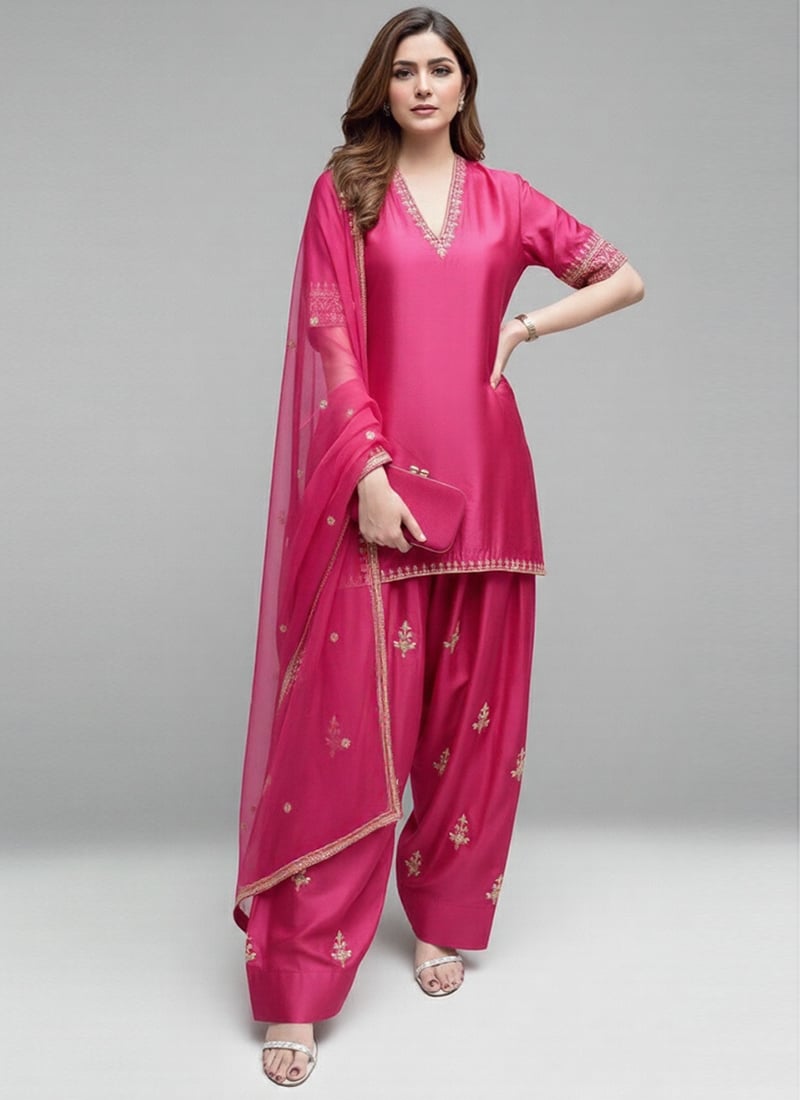 Pink Satin Silk Zari Sequins Hand Embroidery Farshi Salwar Suit Festive Wear