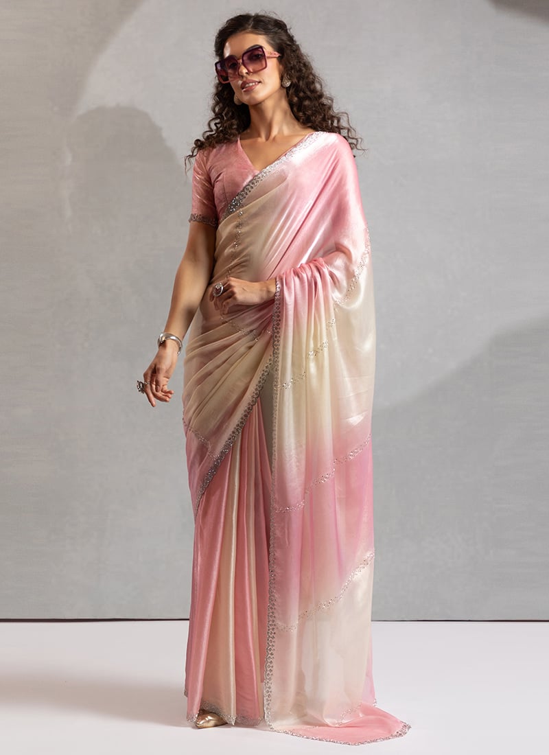 Pink Satin Stones Saree After Six Wear