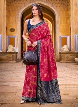 Pink Satin Tissue Silk Patola Banarasi Print Saree
