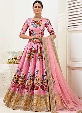 Pink Art Silk Umbrella Lehenga