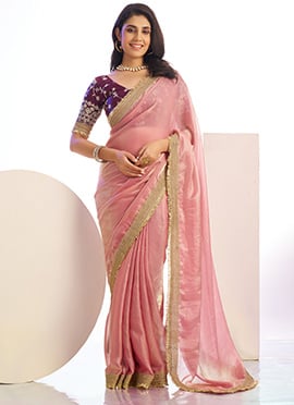 Pink Satin Zari Embroidered Saree