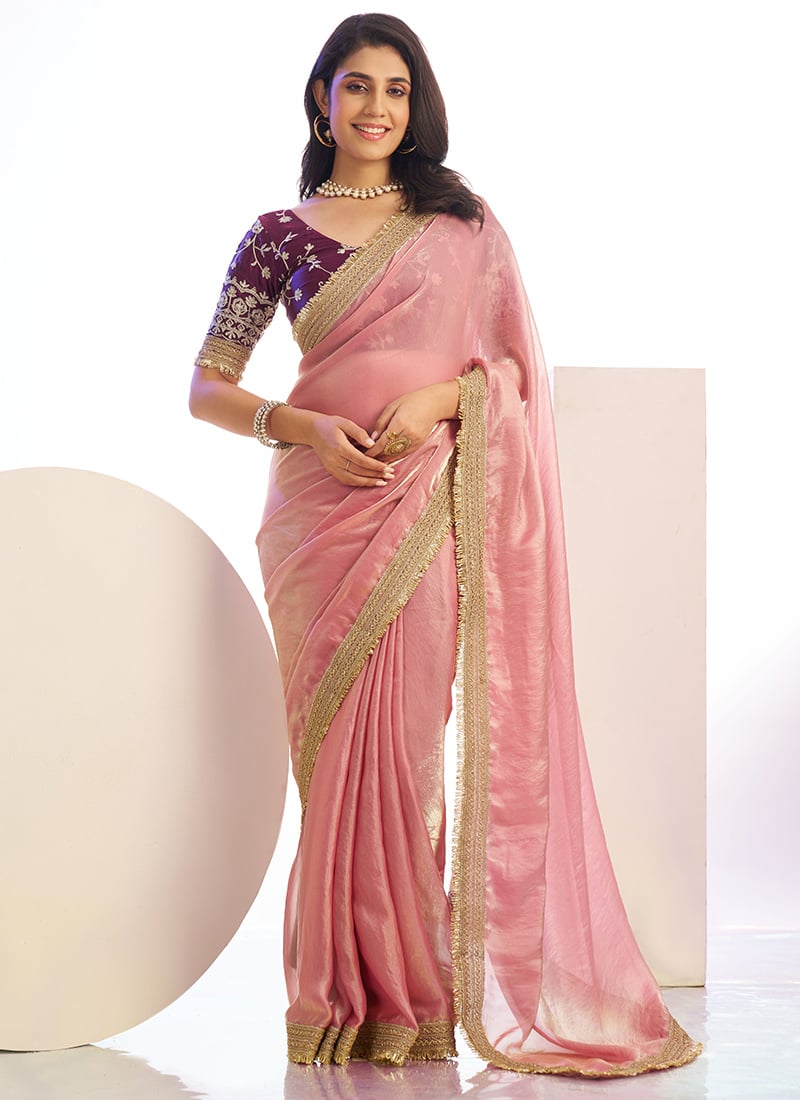 Pink Satin Zari Embroidered Saree Festive Wear