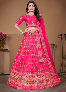 Pink Satin Zari Embroidery Umbrella Lehenga
