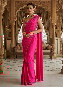 Pink Satin Zari Hand Embroidered Sequins Pre Draped Saree