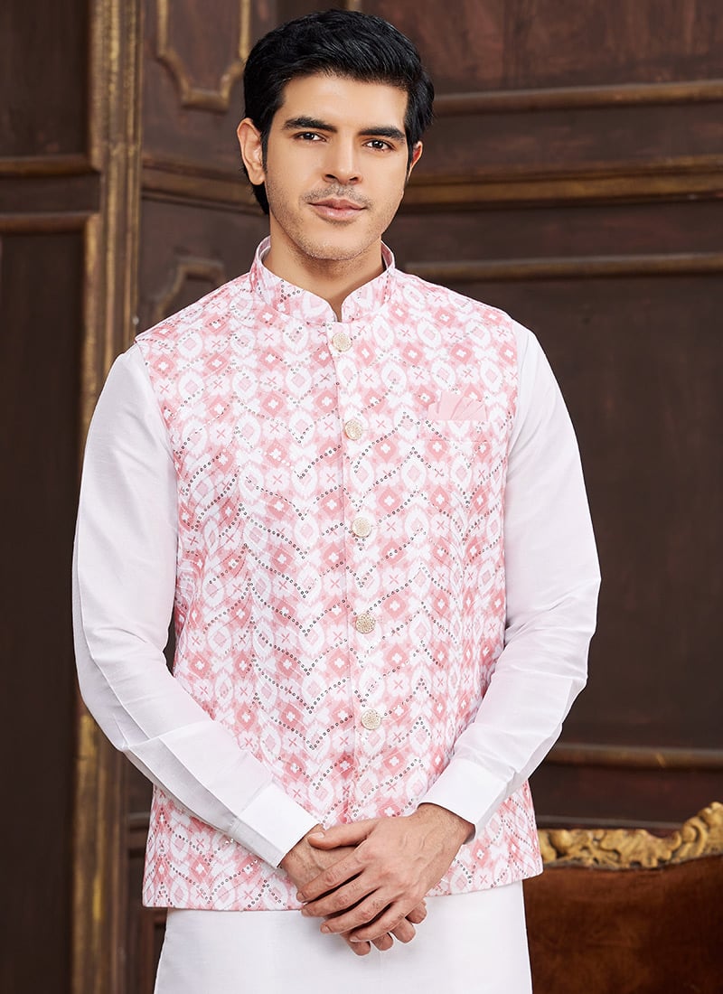 Pink Sequins Digital Print Bandhgala Jacket