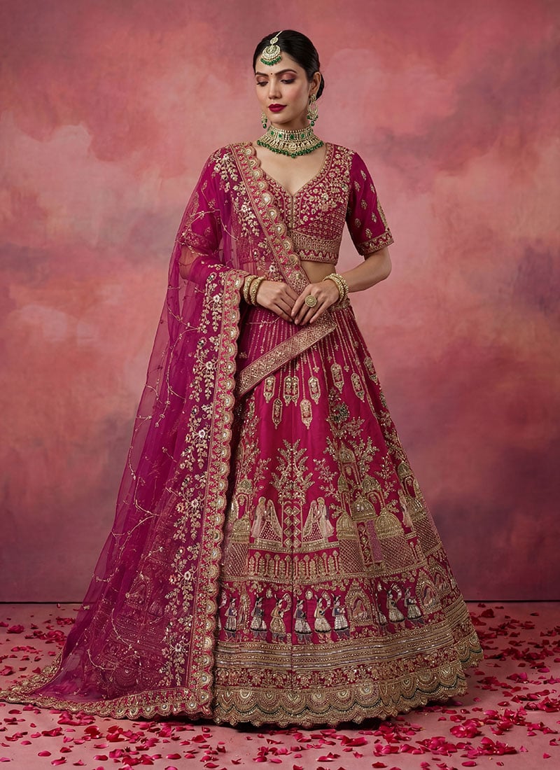 Pink Sequins Zari Embroidered Sequins Silk Lehenga Wedding Wear