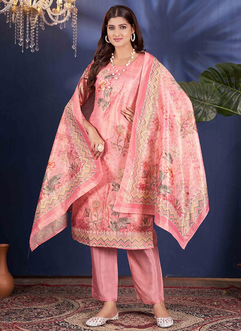 Pink Shimmer Hand Work Digital Work Straight Pant Suit After Six Wear