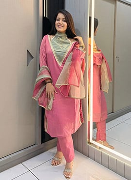 Pink Shimmer Silk Beads Hand Embroidered Cutdana Straight Pant Suit