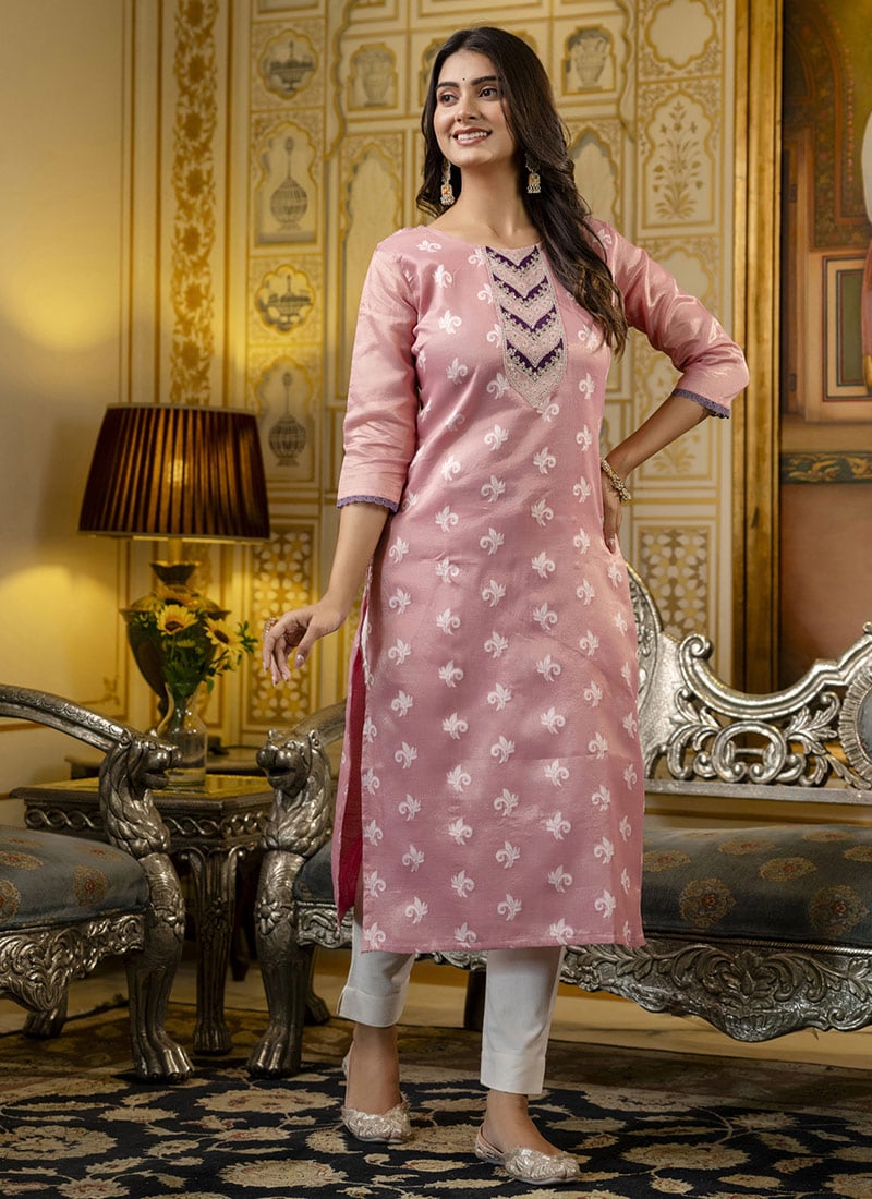 Pink Shimmer Silk Embroidered Long Kurti