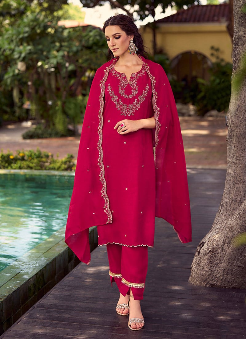 Pink Shimmer Silk Embroidered Sequins Beads Straight Pant Suit