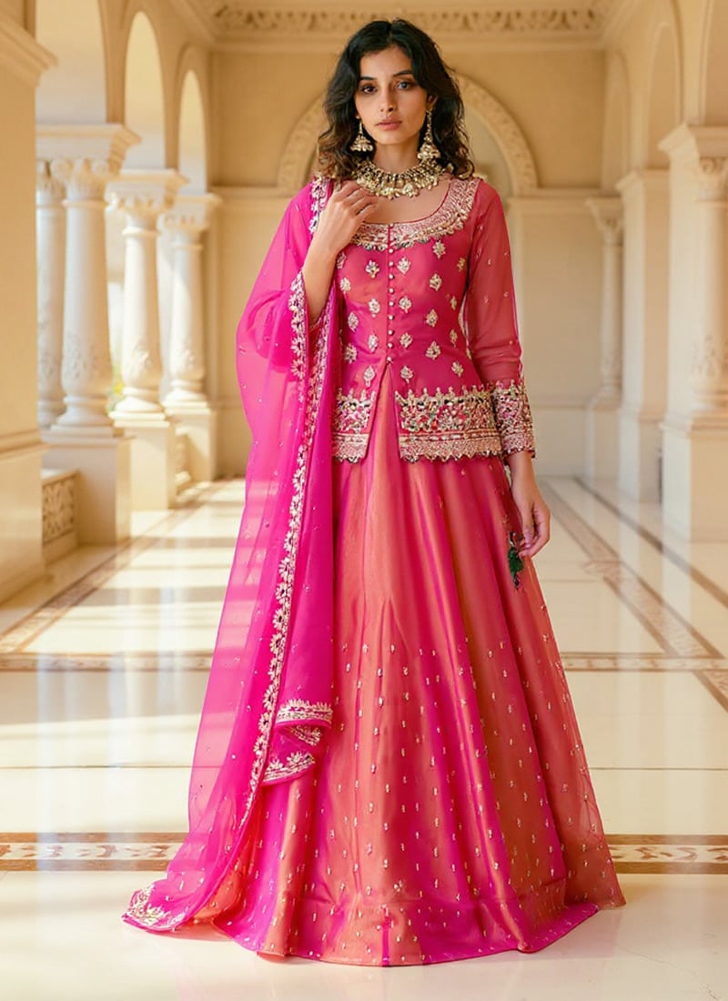 Pink Shimmer Silk Embroidered Sequins Long Choli Lehenga Festive Wear