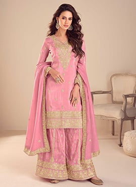 Pink Shimmer Silk Embroidered Sequins Palazzo Suit