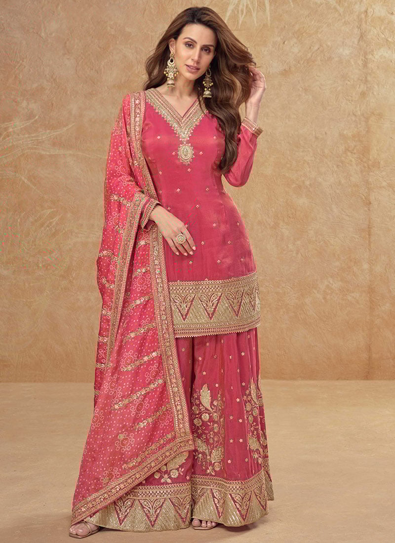 Pink Shimmer Silk Embroidered Sequins Palazzo Suit With Bandhani Print Dupatta