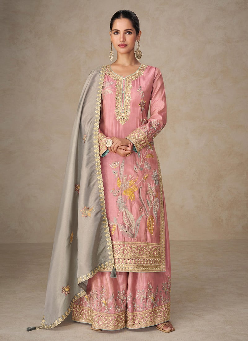 Pink Shimmer Silk Embroidered Sequins With Stone And Mirror Work Palazzo Suit Festive Wear