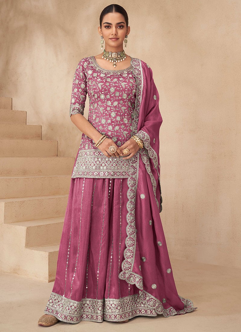 Pink Shimmer Silk Embroidered Sequins Zari Beads Palazzo Suit Festive Wear