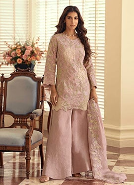 Pink Shimmer Silk Hand Embroidered Sequins Stone Work Palazzo Suit