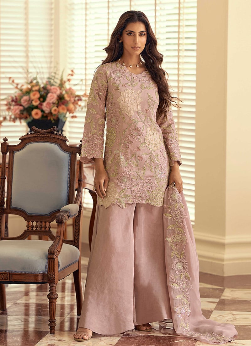 Pink Shimmer Silk Hand Embroidered Sequins Stone Work Palazzo Suit Festive Wear