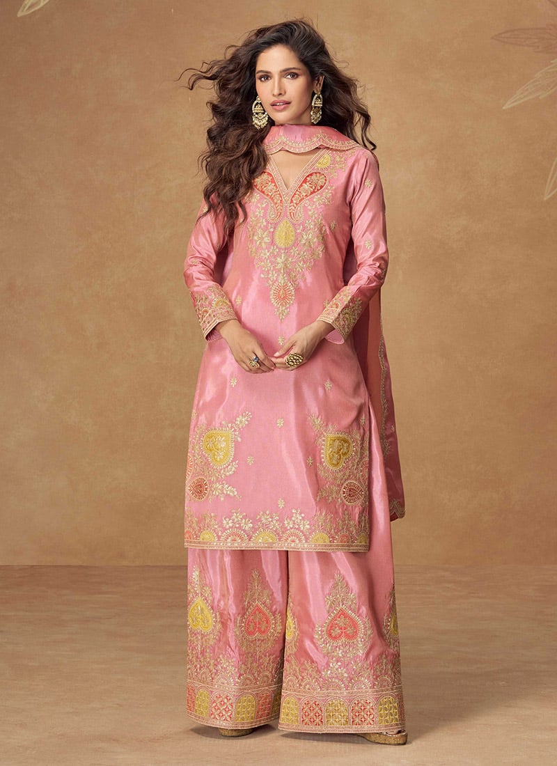 Pink Shimmer Silk Palazzo Suit With Embroidered Sequins Festive Wear