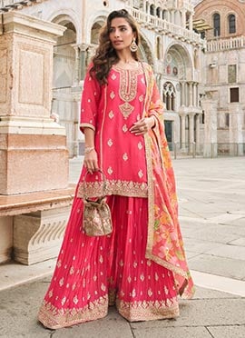 Pink Shimmer Silk Printed With Zari Embroidered Sequins Pakistani Palazzo Suit