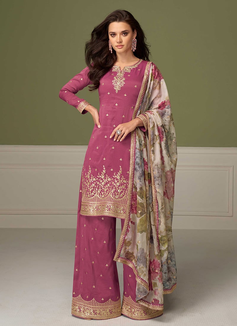 Pink Shimmer Silk Sequins Embroidered Palazzo Suit Festive Wear