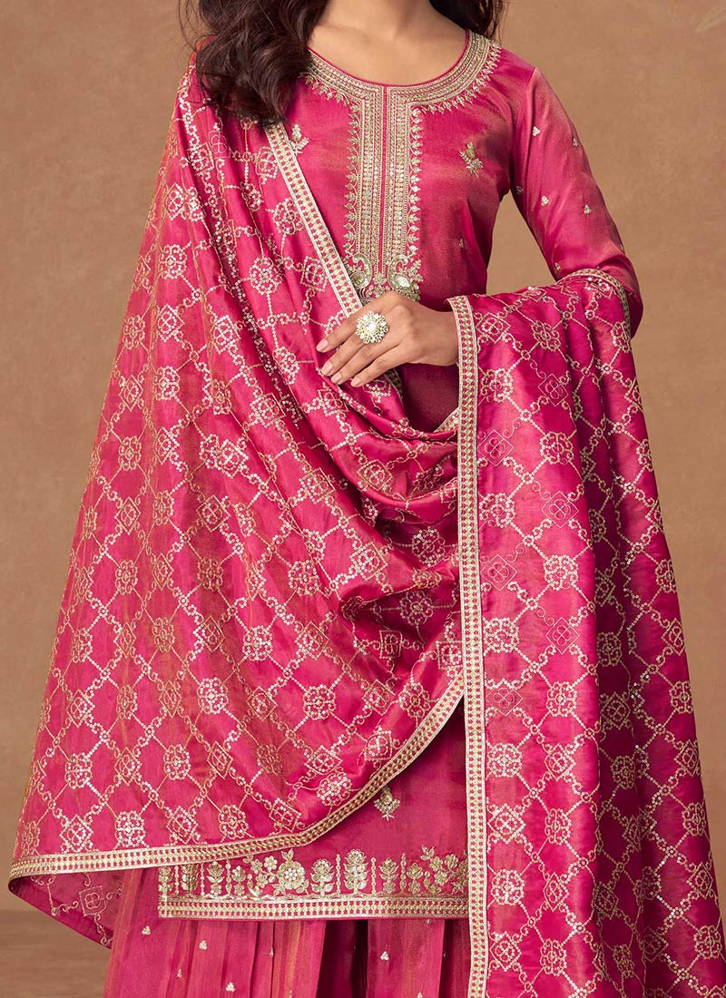 Festive Shimmer Silk Grey Embroidered Palazzo Suit