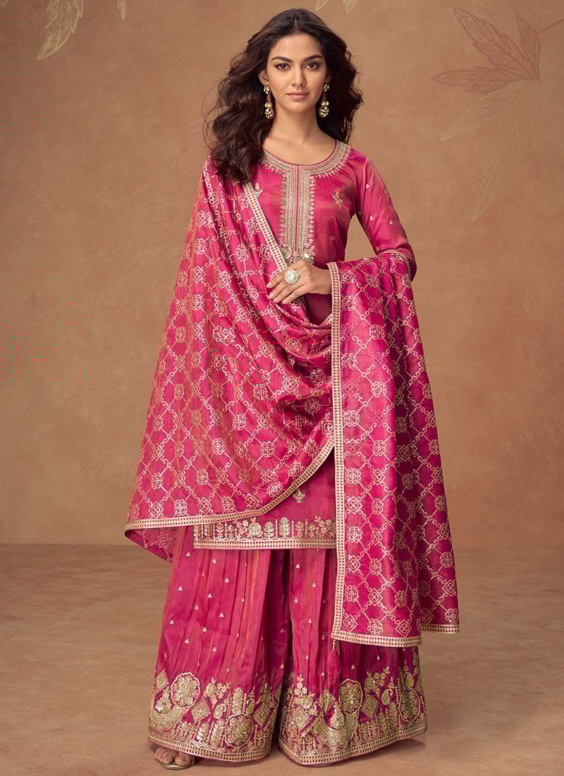 Pink Shimmer Silk Zari And Embroidered Sequins Palazzo Suit Festive Wear