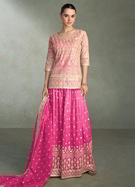 Pink Shimmer Silk Zari Embroidered And Sequined Palazzo Suit