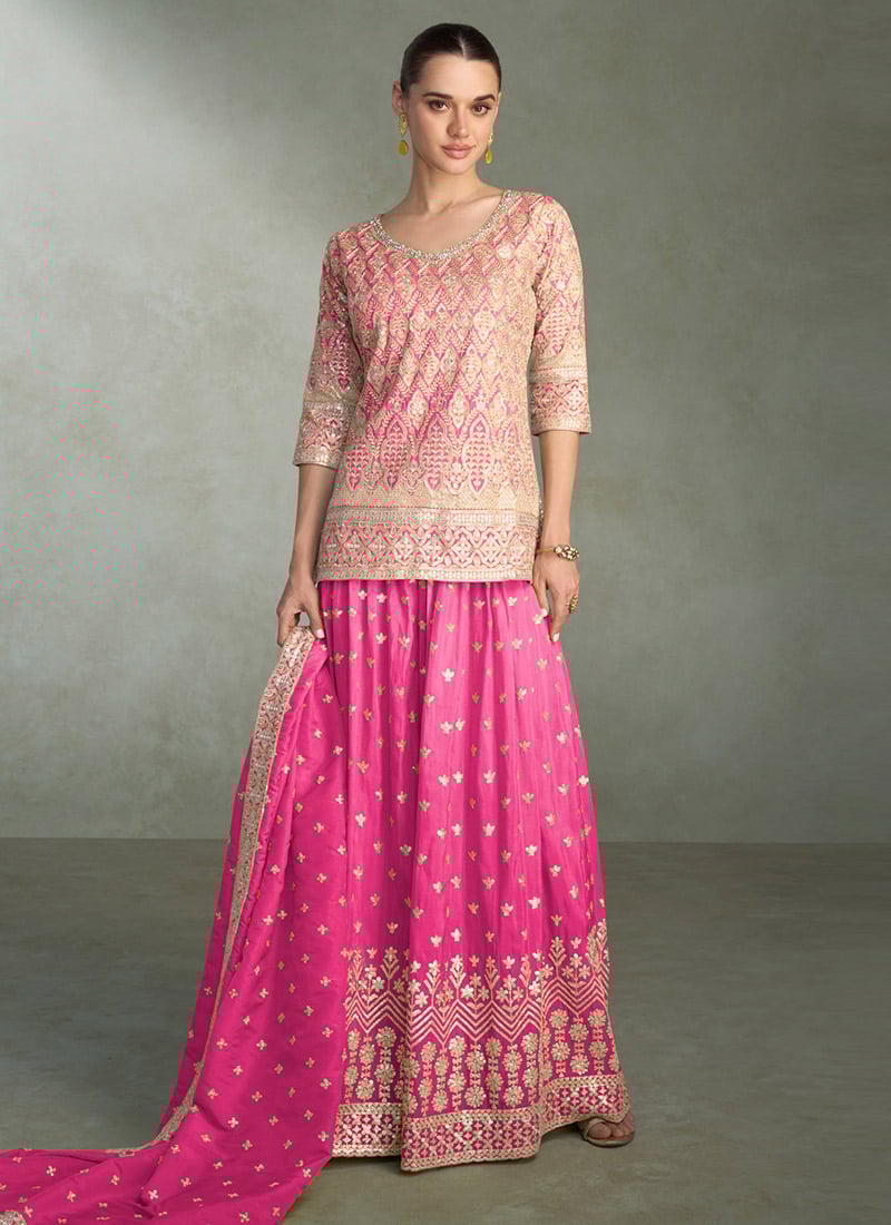 Pink Shimmer Silk Zari Embroidered And Sequined Palazzo Suit Festive Wear
