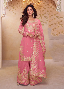 Pink Shimmer Silk Zari Embroidered Sequins Palazzo Suit