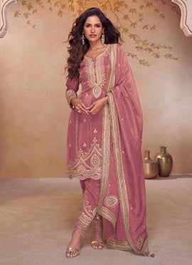 Pink Shimmer Silk Zari Embroidered Sequins Straight Pant Suit