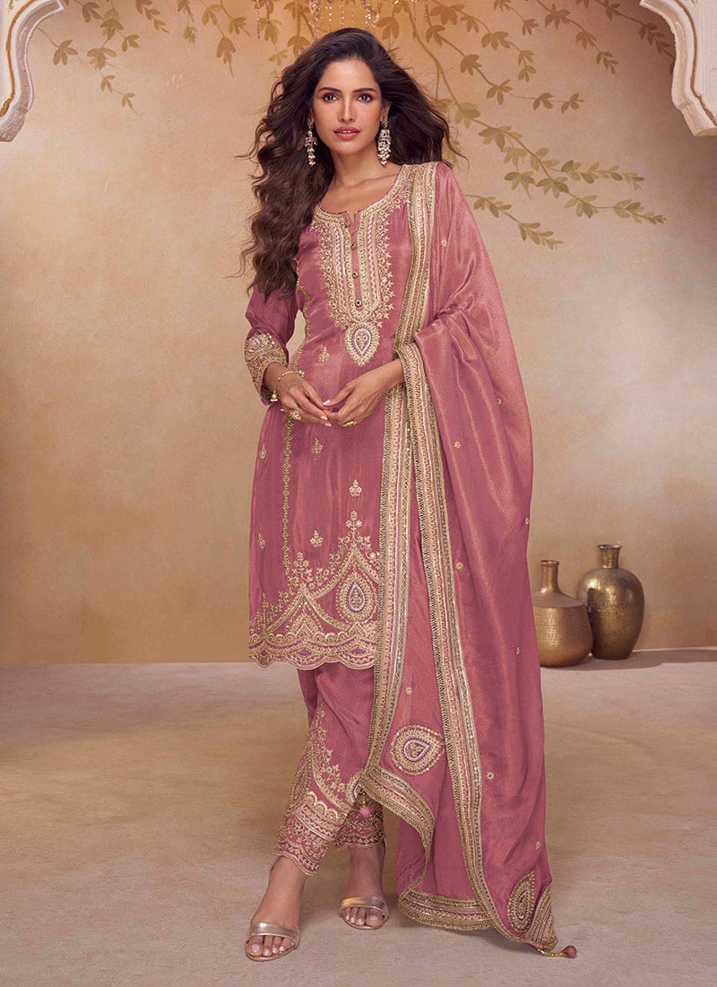 Pink Shimmer Silk Zari Embroidered Sequins Straight Pant Suit Festive Wear