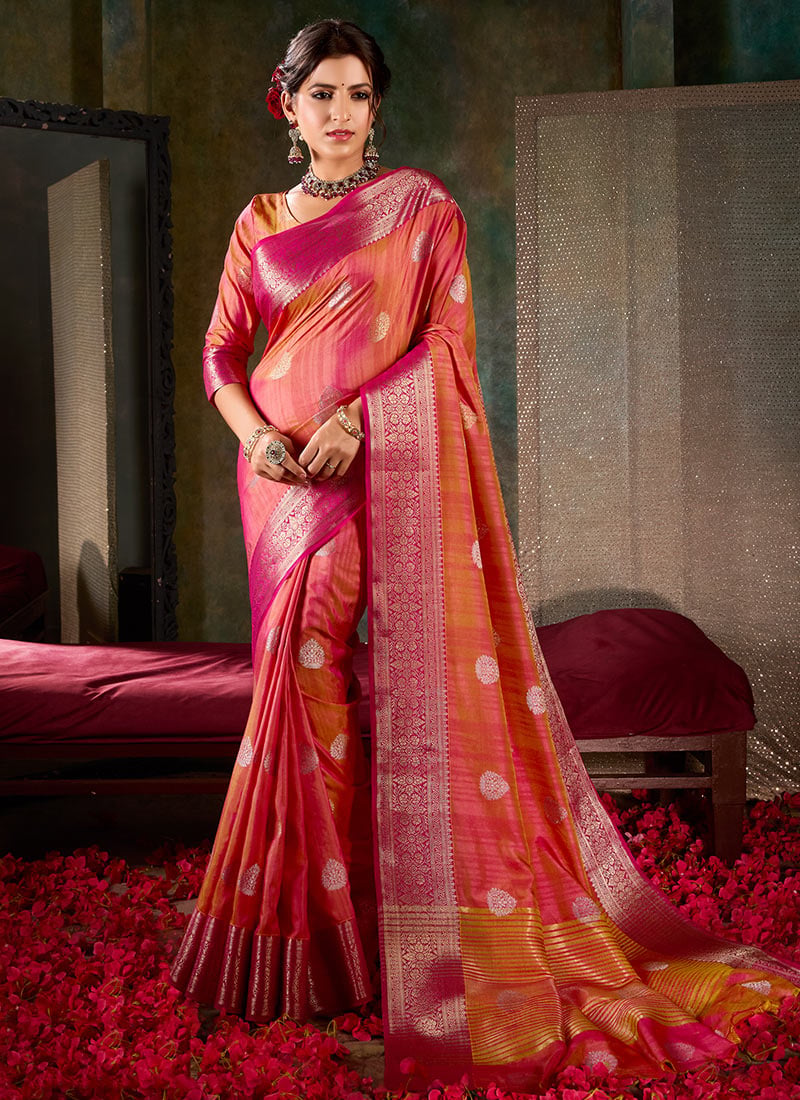 Pink Shimmer Tussar Silk Jacquard Zari Saree Festive Wear