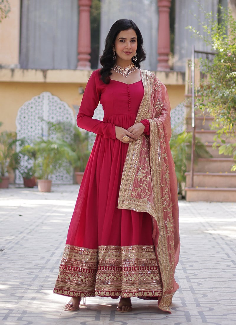 Pink Shimmer Vichitra Embroidered Sequins Anarkali Suit Festive Wear