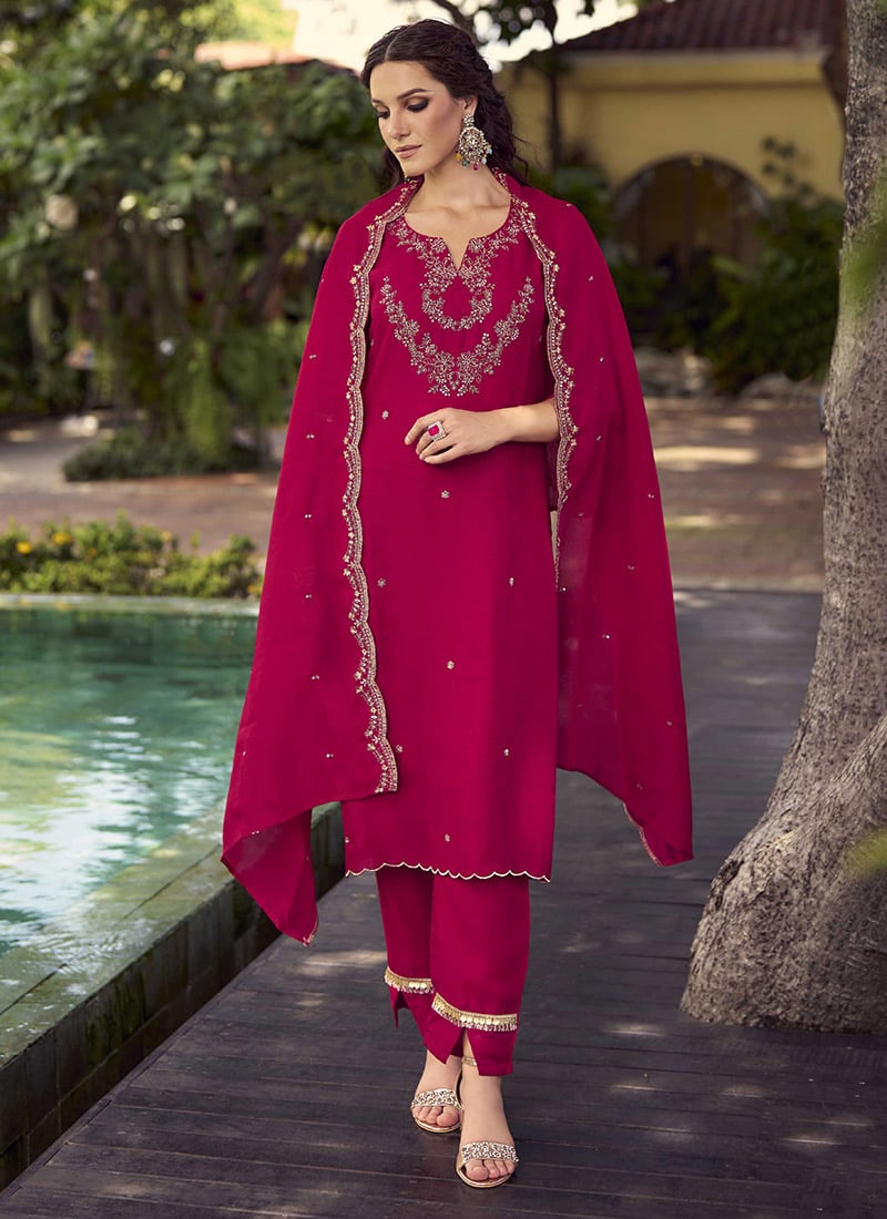 Pink Shimmer Vichitra Silk Hand Embroidered Straight Pant Suit After Six Wear