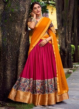 Pink Silk A Line Lehenga With Zari And Printed Woven Detailing
