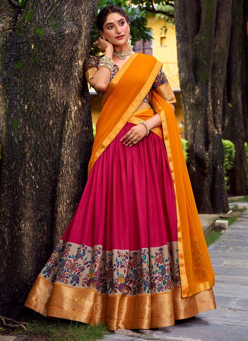 Pink Silk A Line Lehenga With Zari And Printed Woven Detailing Festive Wear