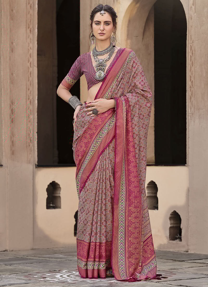 Pink Silk Ajrakh Printed Saree Festive Wear
