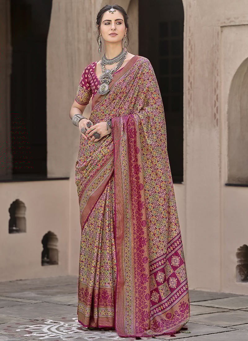 Pink Silk Ajrakh Printed Saree