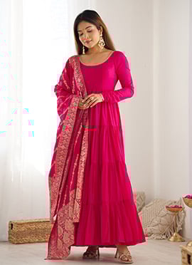 Pink Silk Anarkali Suit With Banarasi Jacquard Dupatta