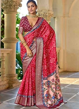Pink Silk Bandhini Ajrakh Print Saree