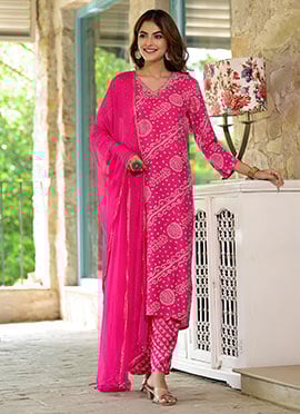 Pink Silk Bandhini Print With Embroidered Hand Work Straight Pant Suit