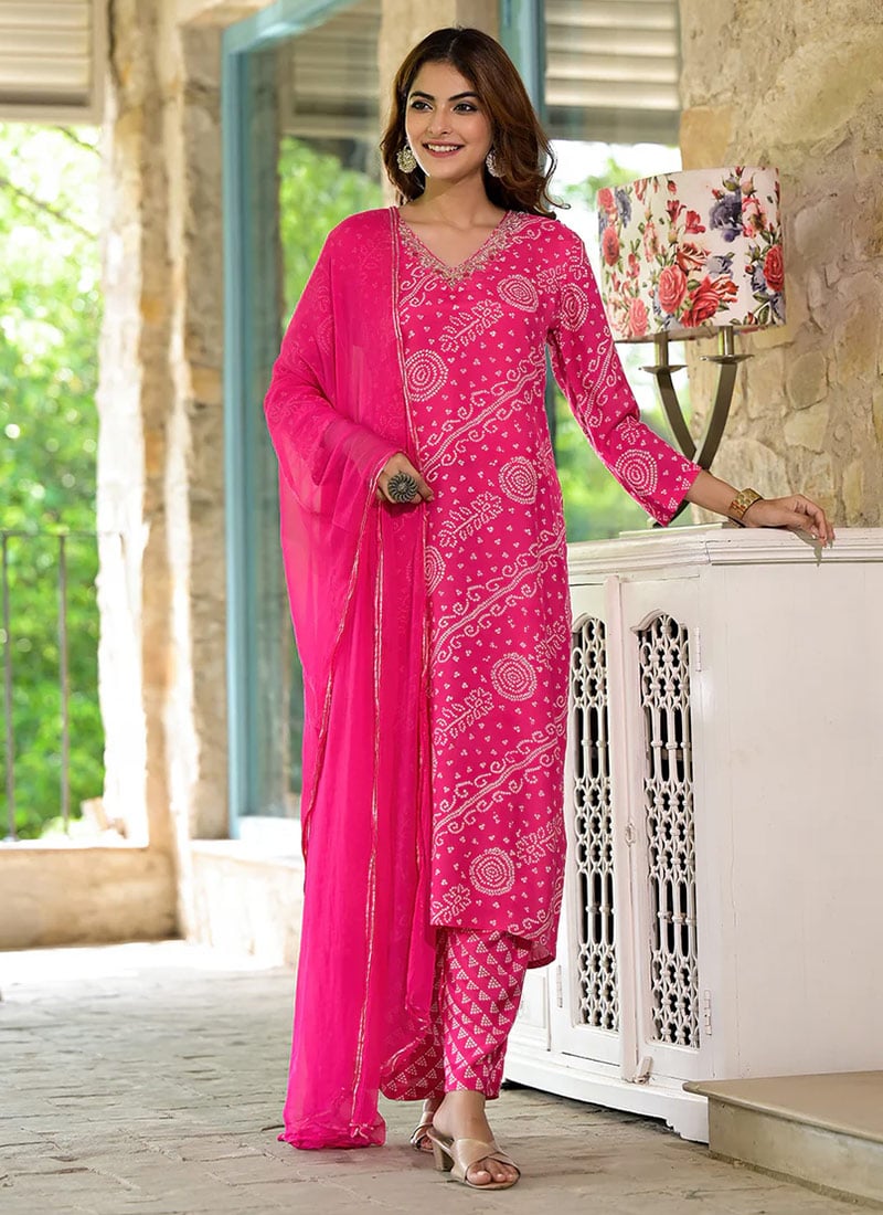 Pink Silk Bandhini Print With Embroidered Hand Work Straight Pant Suit After Six Wear